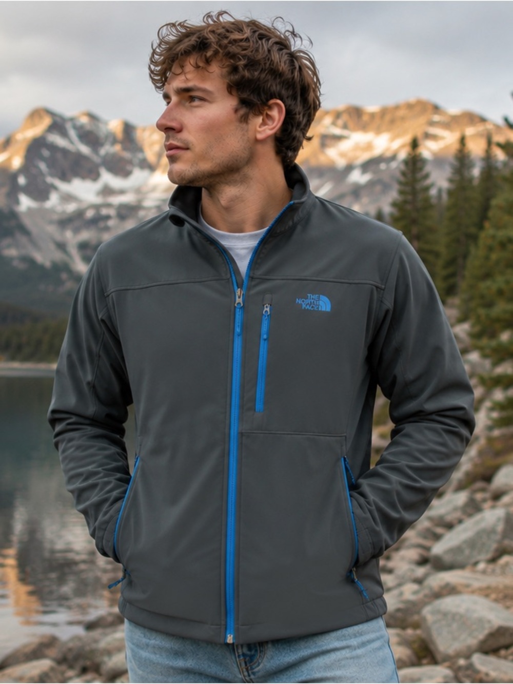 The North Face Apex Bionic Jacket M Gray Blue Men's Full Zip Softshell Hiking